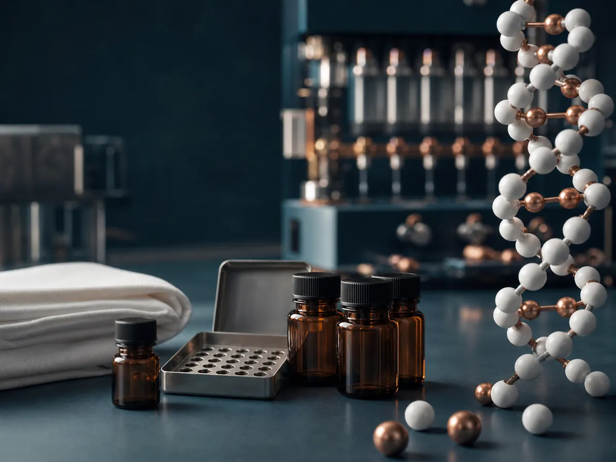 Research sample containers and molecular model in a peptide laboratory